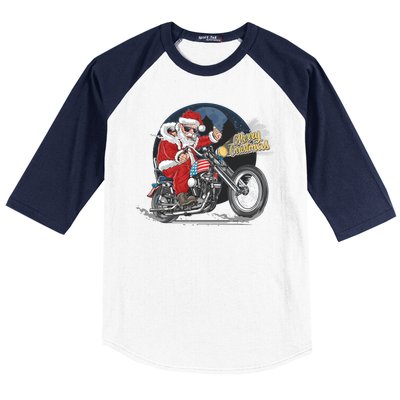 Cool American Flag Motorcycle Santa Claus Baseball Sleeve Shirt