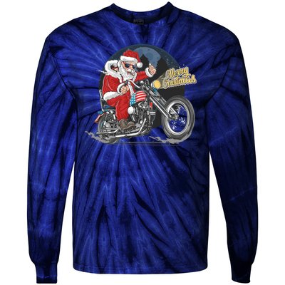 Cool American Flag Motorcycle Santa Claus Tie-Dye Long Sleeve Shirt