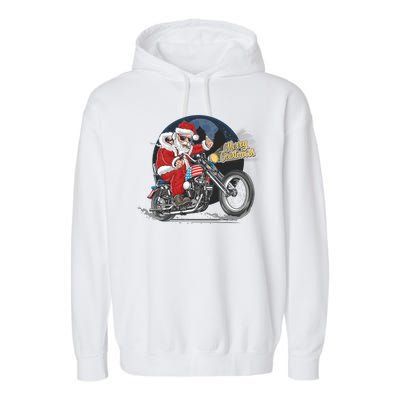 Cool American Flag Motorcycle Santa Claus Garment-Dyed Fleece Hoodie