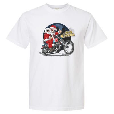 Cool American Flag Motorcycle Santa Claus Garment-Dyed Heavyweight T-Shirt