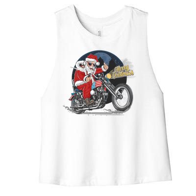 Cool American Flag Motorcycle Santa Claus Women's Racerback Cropped Tank