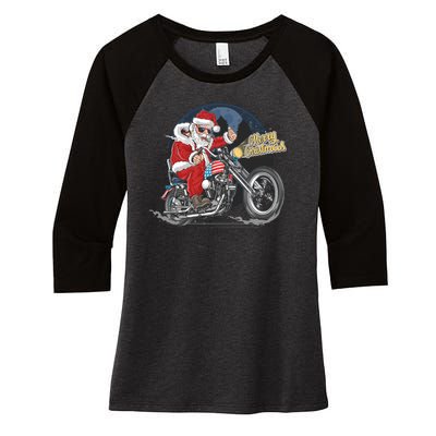 Cool American Flag Motorcycle Santa Claus Women's Tri-Blend 3/4-Sleeve Raglan Shirt