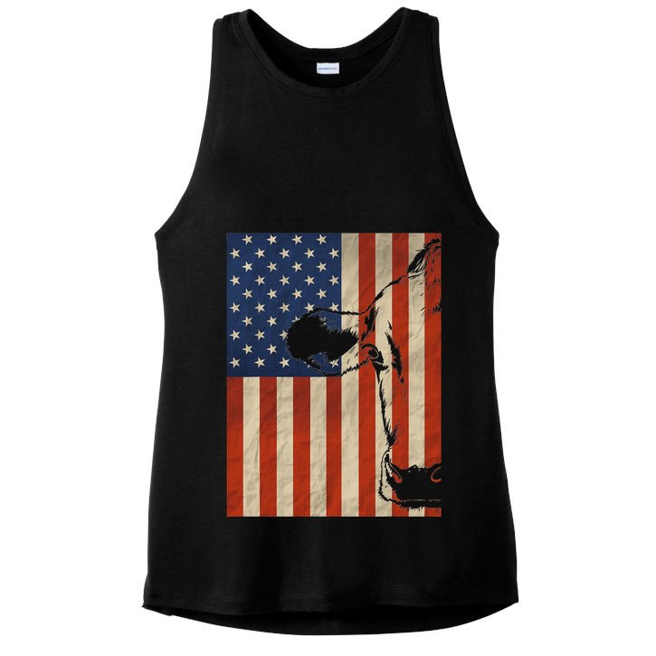 Cow American Flag Cattle Animal Lover Patriotic 4th Of July Ladies PosiCharge Tri-Blend Wicking Tank
