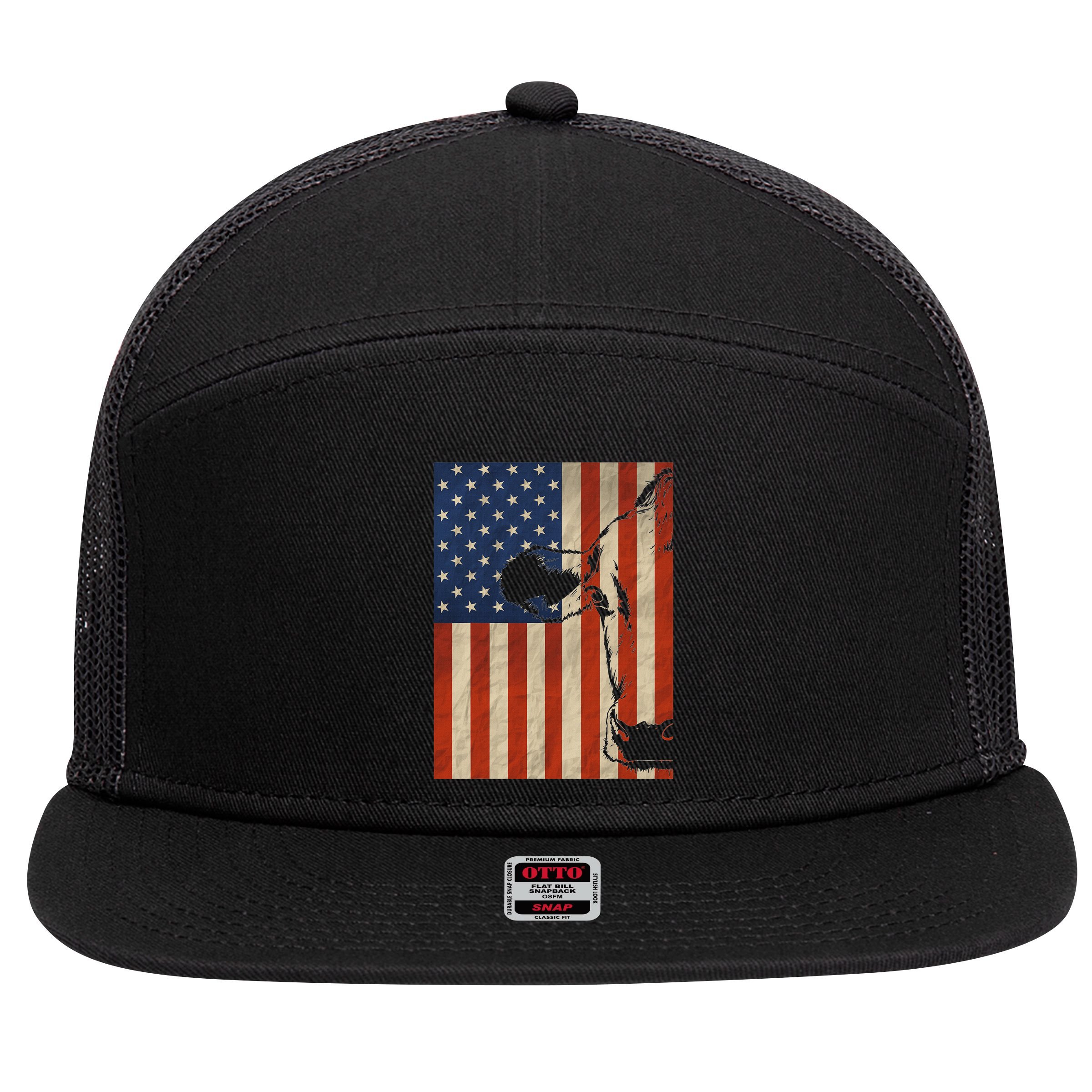 Cow American Flag Cattle Animal Lover Patriotic 4th Of July 7 Panel Mesh Trucker Snapback Hat