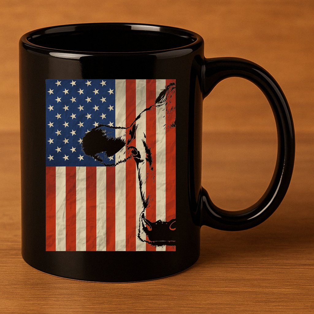Cow American Flag Cattle Animal Lover Patriotic 4th Of July 11oz C Handle Ceramic Mug