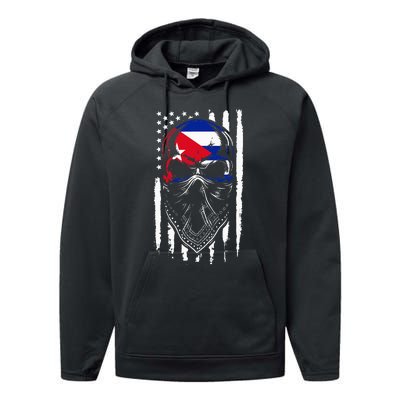 Cuban American Flag Vintage Skull Pride Roots Patriotic Cuba Performance Fleece Hoodie