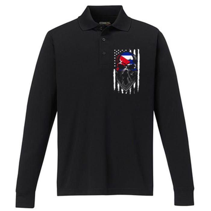 Cuban American Flag Vintage Skull Pride Roots Patriotic Cuba Performance Long Sleeve Polo