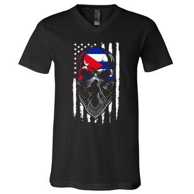 Cuban American Flag Vintage Skull Pride Roots Patriotic Cuba V-Neck T-Shirt