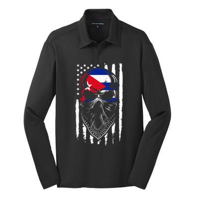 Cuban American Flag Vintage Skull Pride Roots Patriotic Cuba Silk Touch Performance Long Sleeve Polo