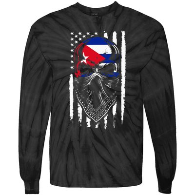 Cuban American Flag Vintage Skull Pride Roots Patriotic Cuba Tie-Dye Long Sleeve Shirt