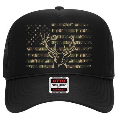 Camo American Flag Usa Camouflage Flag Outdoor Antlers Deer High Crown Mesh Back Trucker Hat