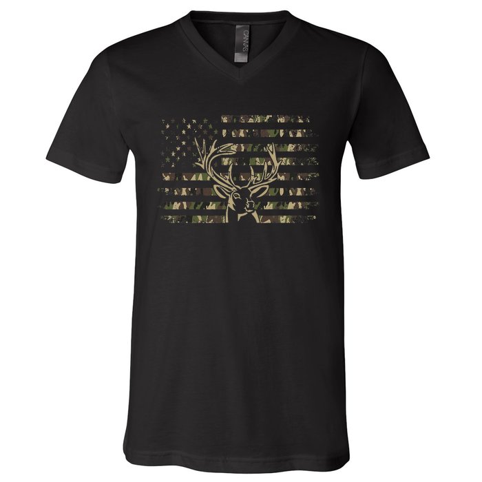 Camo American Flag Usa Camouflage Flag Outdoor Antlers Deer V-Neck T-Shirt