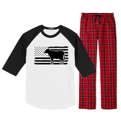 Cow American Flag With Cow Vintage Look Patriotic Famer Gift Raglan Sleeve Pajama Set