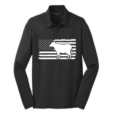 Cow American Flag With Cow Vintage Look Patriotic Famer Gift Silk Touch Performance Long Sleeve Polo