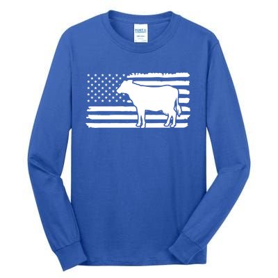 Cow American Flag With Cow Vintage Look Patriotic Famer Gift Tall Long Sleeve T-Shirt