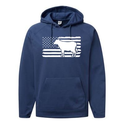 Cow American Flag With Cow Vintage Look Patriotic Famer Gift Performance Fleece Hoodie