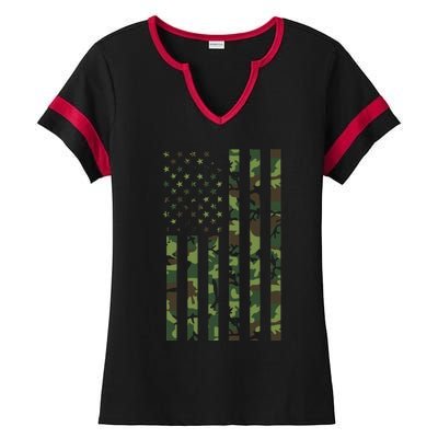 Camo American Flag Usa Camouflage Ladies Halftime Notch Neck Tee