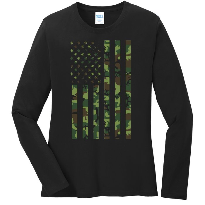 Camo American Flag Usa Camouflage Ladies Long Sleeve Shirt