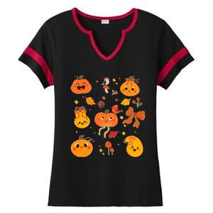 Cute Autumn Fall Pumpkins Ribbons Bows Ladies Halftime Notch Neck Tee