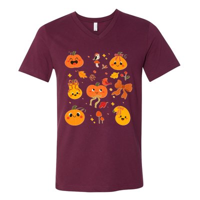 Cute Autumn Fall Pumpkins Ribbons Bows V-Neck T-Shirt