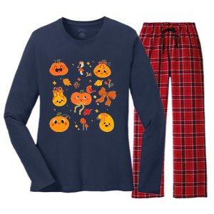 Cute Autumn Fall Pumpkins Ribbons Bows Women's Long Sleeve Flannel Pajama Set 