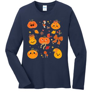 Cute Autumn Fall Pumpkins Ribbons Bows Ladies Long Sleeve Shirt