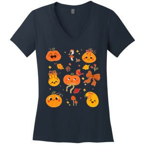 Cute Autumn Fall Pumpkins Ribbons Bows Women's V-Neck T-Shirt