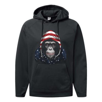 Chimpanzee American Flag USA Tee 4th July Gifts Graphic Tees Performance Fleece Hoodie