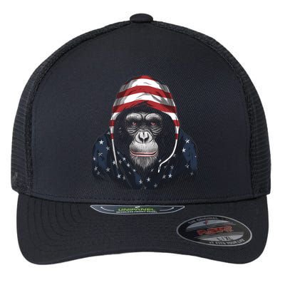 Chimpanzee American Flag USA Tee 4th July Gifts Graphic Tees Flexfit Unipanel Trucker Cap