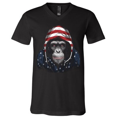 Chimpanzee American Flag USA Tee 4th July Gifts Graphic Tees V-Neck T-Shirt
