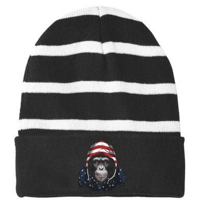 Chimpanzee American Flag USA Tee 4th July Gifts Graphic Tees Striped Beanie with Solid Band