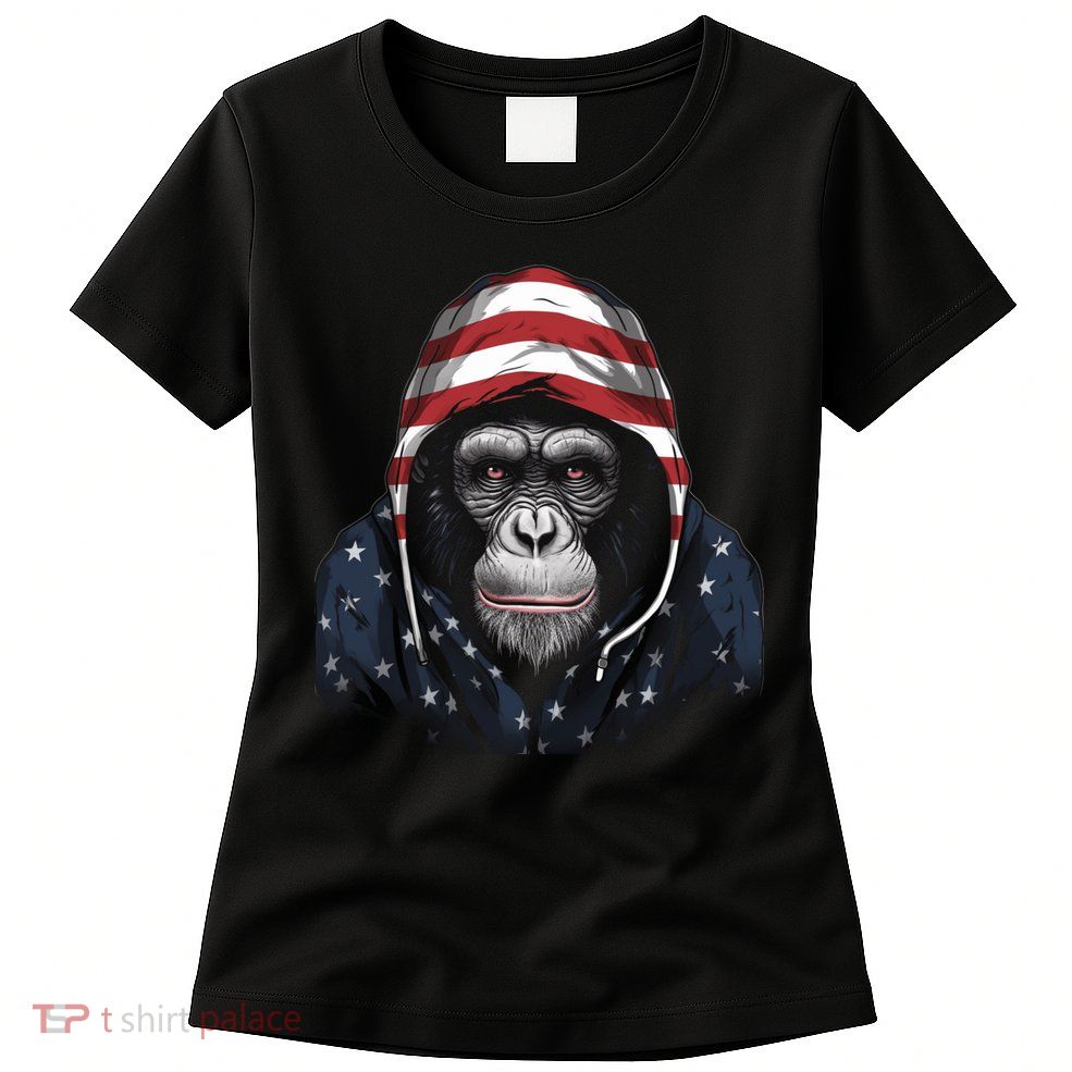 Chimpanzee American Flag USA Tee 4th July Gifts Graphic Tees Womens T-Shirt