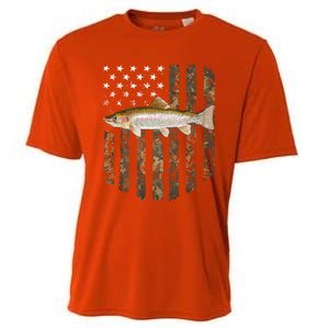 Camo American Flag Rainbow Trout Fishing 4th Of July Cute Gift Cooling Performance Crew T-Shirt