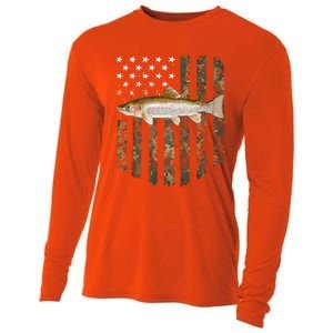 Camo American Flag Rainbow Trout Fishing 4th Of July Cute Gift Cooling Performance Long Sleeve Crew