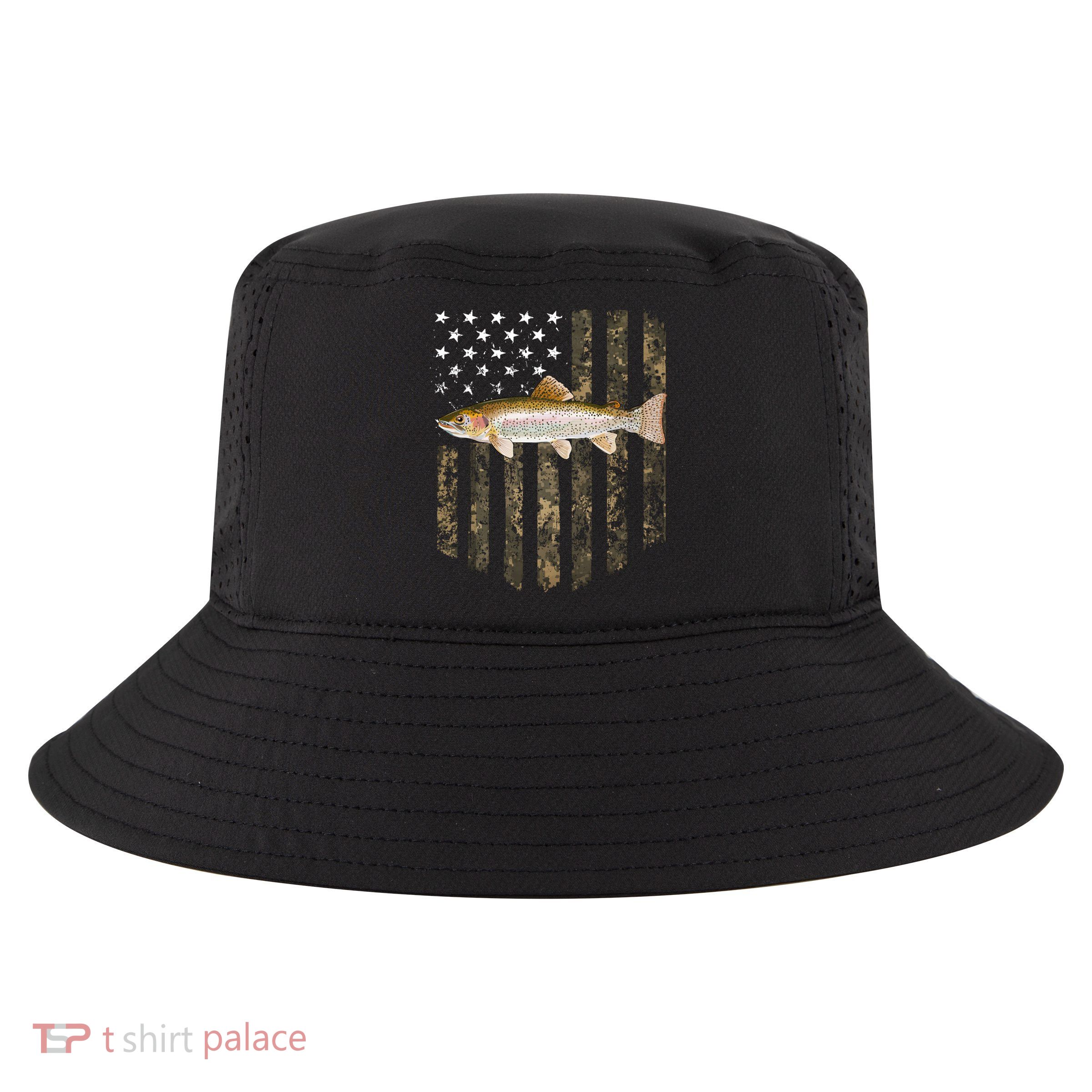 Camo American Flag Rainbow Trout Fishing 4th Of July Cute Gift Cool Comfort Performance Bucket Hat