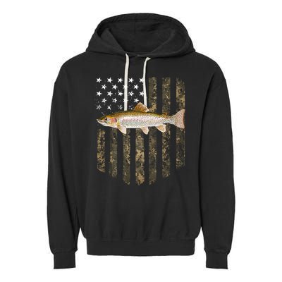 Camo American Flag Rainbow Trout Fishing 4th Of July Cute Gift Garment-Dyed Fleece Hoodie