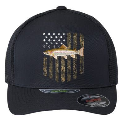 Camo American Flag Rainbow Trout Fishing 4th Of July Cute Gift Flexfit Unipanel Trucker Cap