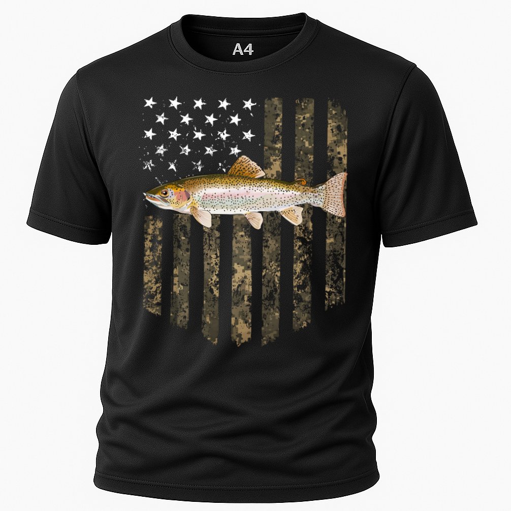 Camo American Flag Rainbow Trout Fishing 4th Of July Cute Gift Cooling Performance Crew T-Shirt