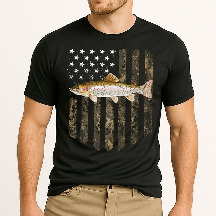 Camo American Flag Rainbow Trout Fishing 4th Of July Cute Gift Cooling Performance Crew T-Shirt