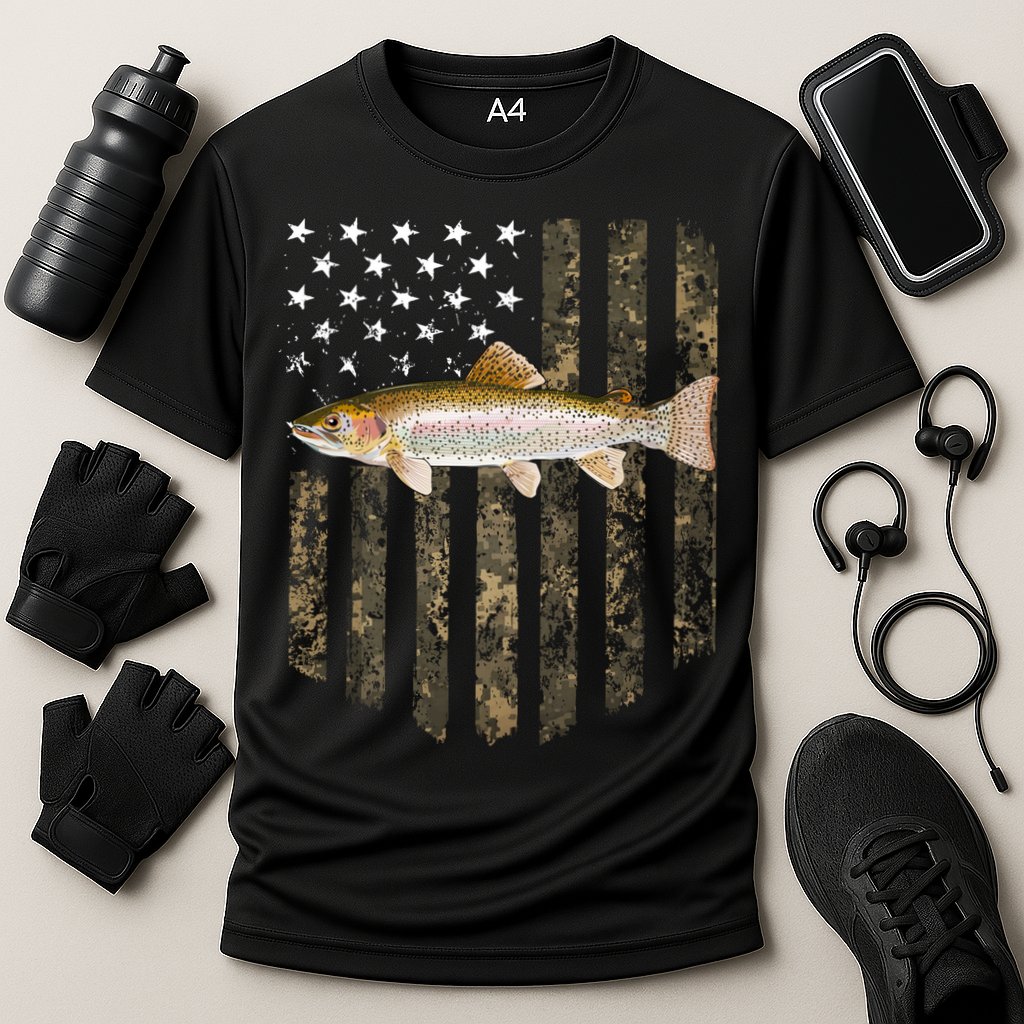 Camo American Flag Rainbow Trout Fishing 4th Of July Cute Gift Cooling Performance Crew T-Shirt