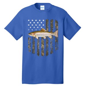 Camo American Flag Rainbow Trout Fishing 4th Of July Cute Gift Tall T-Shirt