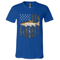 Camo American Flag Rainbow Trout Fishing 4th Of July Cute Gift V-Neck T-Shirt