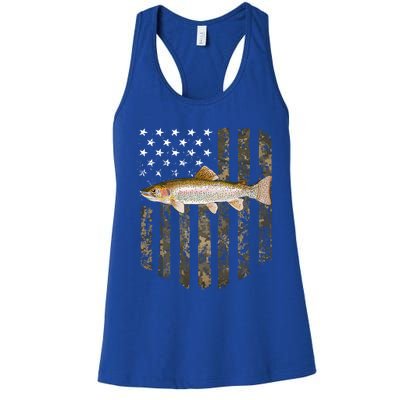 Camo American Flag Rainbow Trout Fishing 4th Of July Cute Gift Women's Racerback Tank