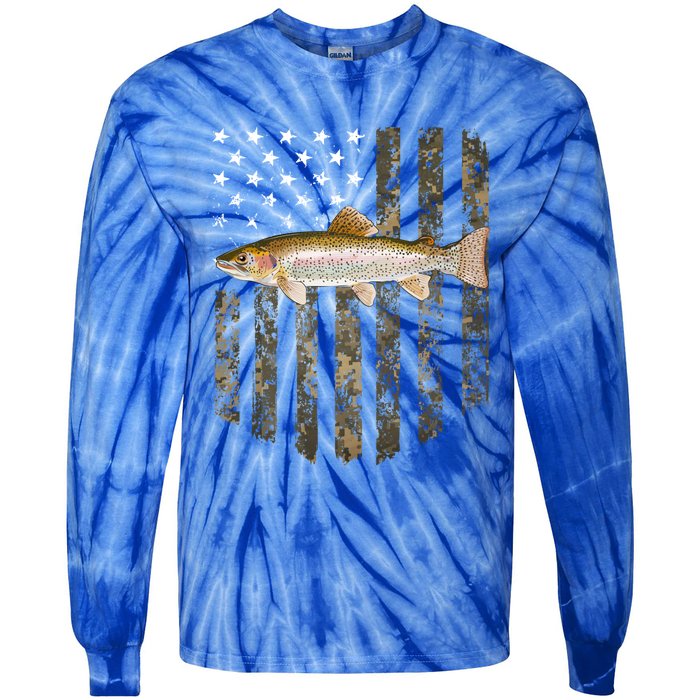 Camo American Flag Rainbow Trout Fishing 4th Of July Cute Gift Tie-Dye Long Sleeve Shirt