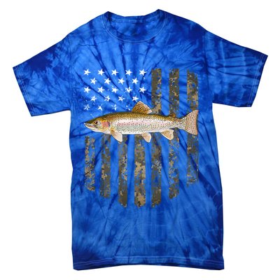 Camo American Flag Rainbow Trout Fishing 4th Of July Cute Gift Tie-Dye T-Shirt
