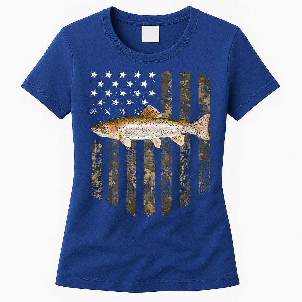 Camo American Flag Rainbow Trout Fishing 4th Of July Cute Gift Womens T-Shirt