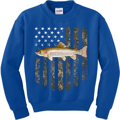 Camo American Flag Rainbow Trout Fishing 4th Of July Cute Gift Kids Sweatshirt