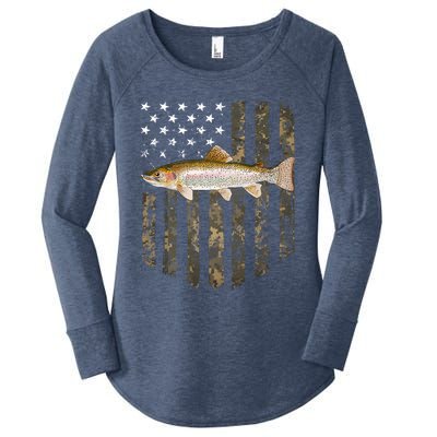 Camo American Flag Rainbow Trout Fishing 4th Of July Cute Gift Women's Perfect Tri Tunic Long Sleeve Shirt