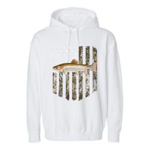 Camo American Flag Rainbow Trout Fishing 4th Of July Cute Gift Garment-Dyed Fleece Hoodie