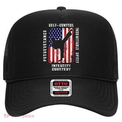 Cool American Flag Taekwondo Gift Tae Kwon Do Martial Arts High Crown Mesh Back Trucker Hat